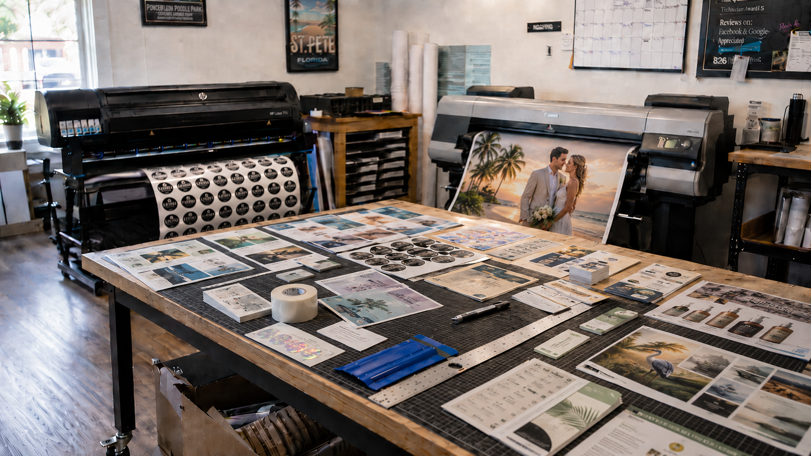 Inside the St. Pete Printing shop — HP Latex and Canon large-format printers with banners, labels, and proofs spread across the worktable